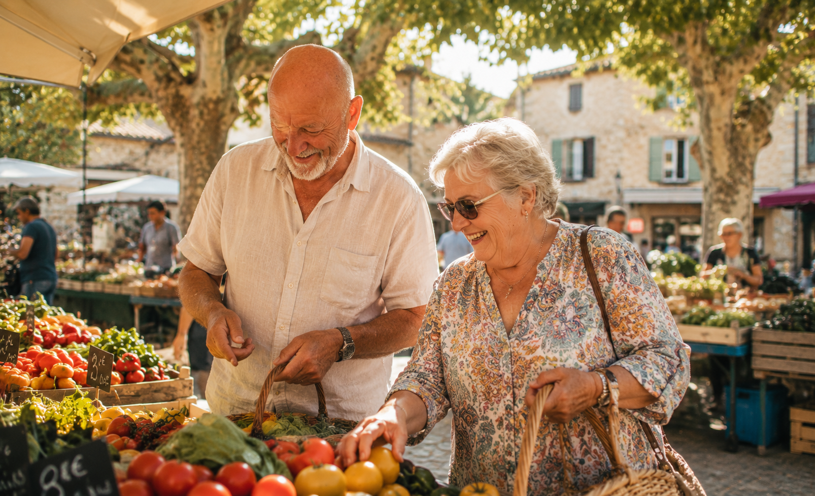 Couple de propriétaires profitant du marché provençal